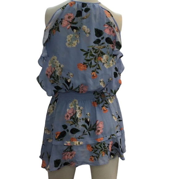 Parker Blue Floral Print Halter Ruffle Mini Dress 100% Silk Medium - Picture 4 of 9